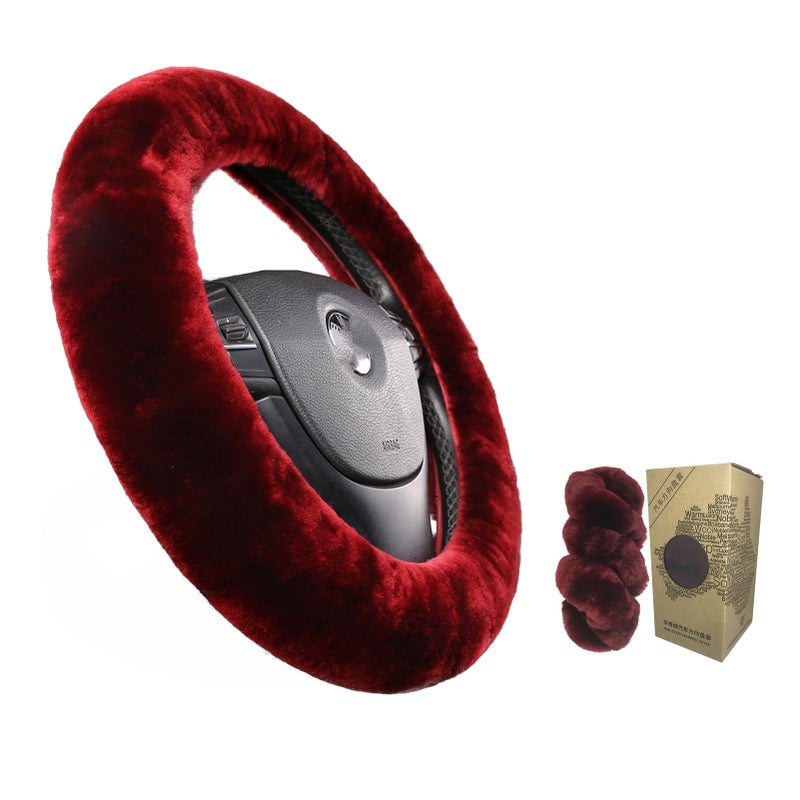 OGLAND Furry Fluffy Wool Sheepskin Car Steering Wheel Cover for Girls Women Universal car 14 1/2-15 1/2inchs(Grape Red) - Image 1